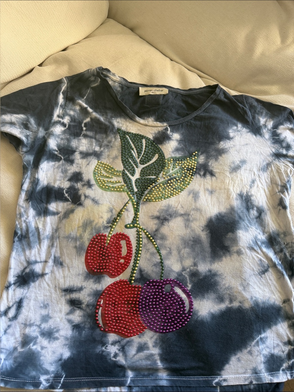 Kids Short-Sleeve Tie-Dye Tee with Rhinestone Cherry Design - Blue/White